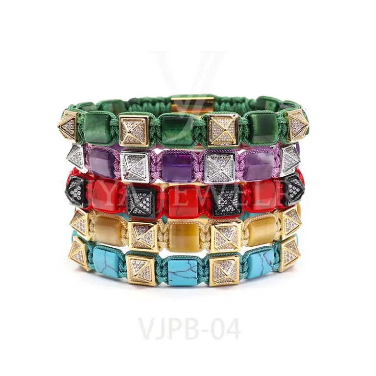 Natural Gemstone Combine with CZ Pyramid beads bracelet