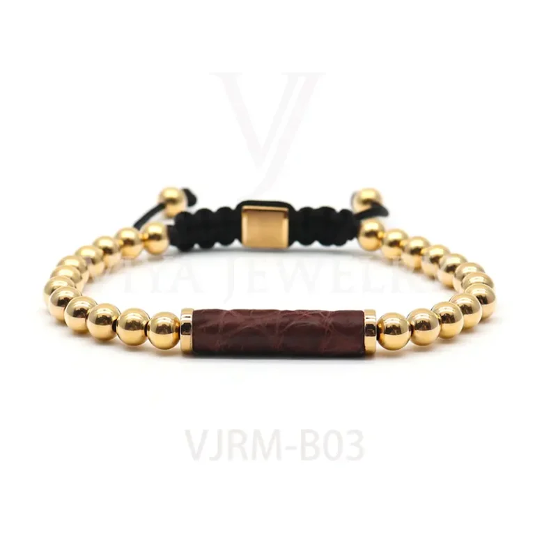 6mm Stainless Steel Beads Mixed with Exotic leather Bracelet